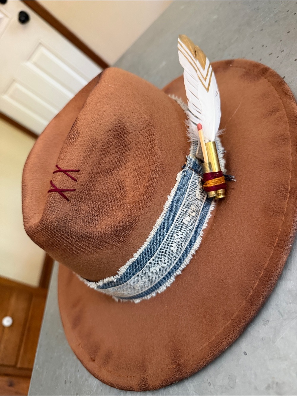 Women's Brown Felt Fedora Hat with Feather & Denim Band